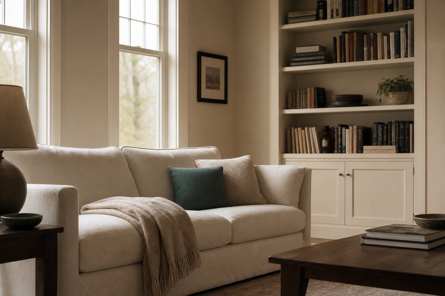 Premium residential living space with soft natural light—orderly, restorative, and materially realistic.
